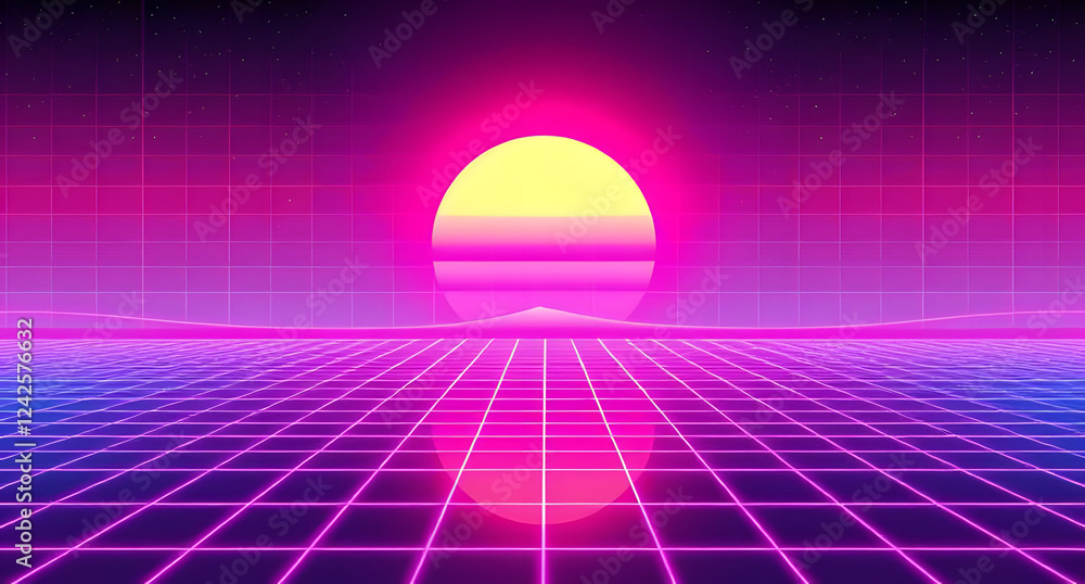 Retro vaporwave grid background. Neon pink and blue 80s aesthetic. Digital sun in the distance Retro vaporwave grid background. Neon pink and blue 80s aesthetic. Digital sun in the distance