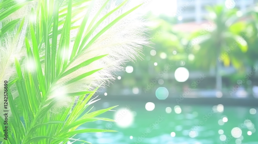 Obraz premium Serene Green Plants by Water with Sunlight and Bokeh