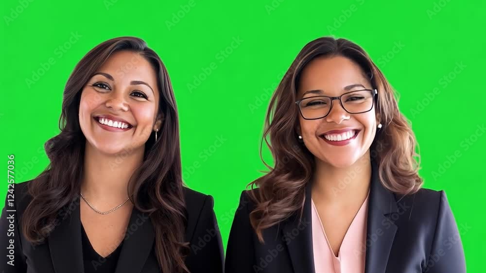 Confident Duo: Two smiling businesswomen with diverse ethnicities stand confidently against a vibrant green screen, radiating professionalism and success. Confident Duo: Two smiling businesswomen with diverse ethnicities stand confidently against a vibrant green screen, radiating professionalism and success.