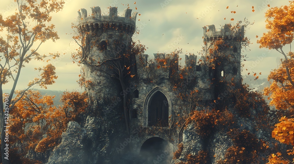 Obraz premium A crumbling stone castle in the autumn forest