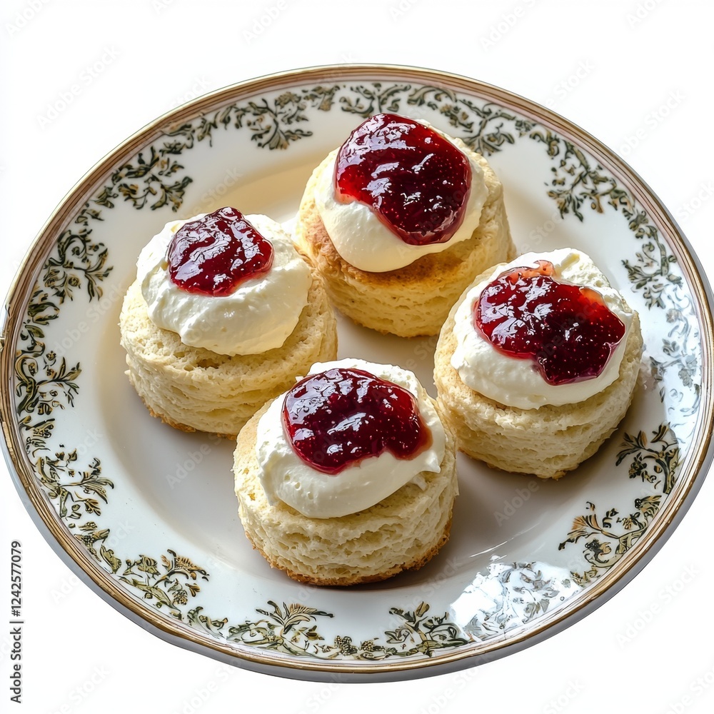 Freshly Baked Scones Topped with Cream and Berry Jam Served on Antique Plate Freshly Baked Scones Topped with Cream and Berry Jam Served on Antique Plate
