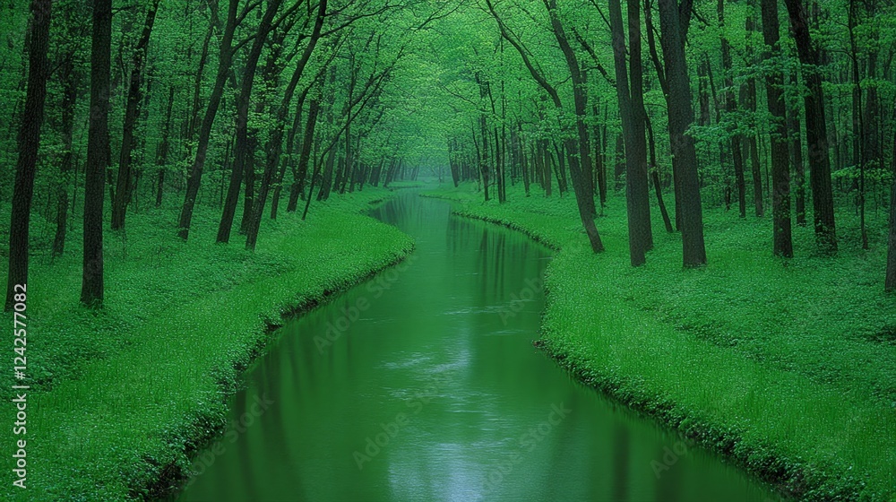 Serene Green River Winding Through Lush Forest Canopy Serene Green River Winding Through Lush Forest Canopy