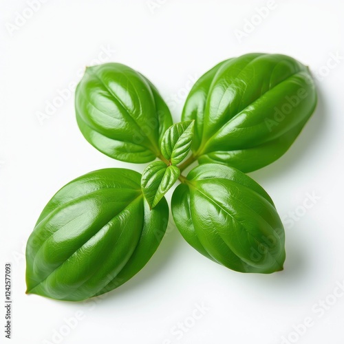 Three Vibrant Green Basil Leaves Isolated on Stunning White Background photo