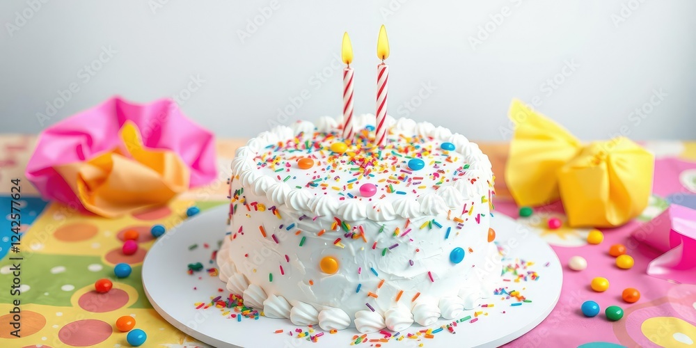 White birthday cake with candy and sprinkles on a colorful tablecloth, celebration, tablecloth