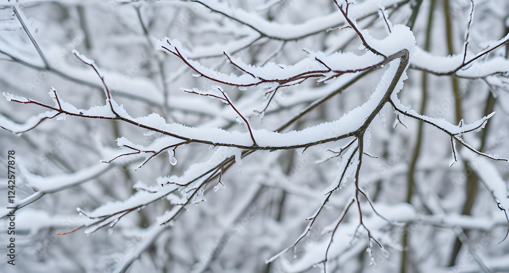 Snow-covered tree branches background. Delicate icy patterns on dark twigs, winter serenity