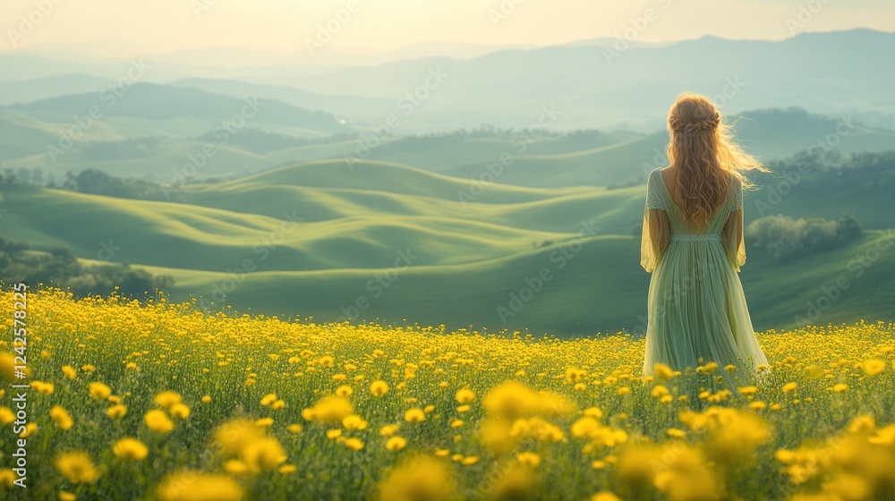 Fototapeta premium Woman in field overlooking sunrise valley