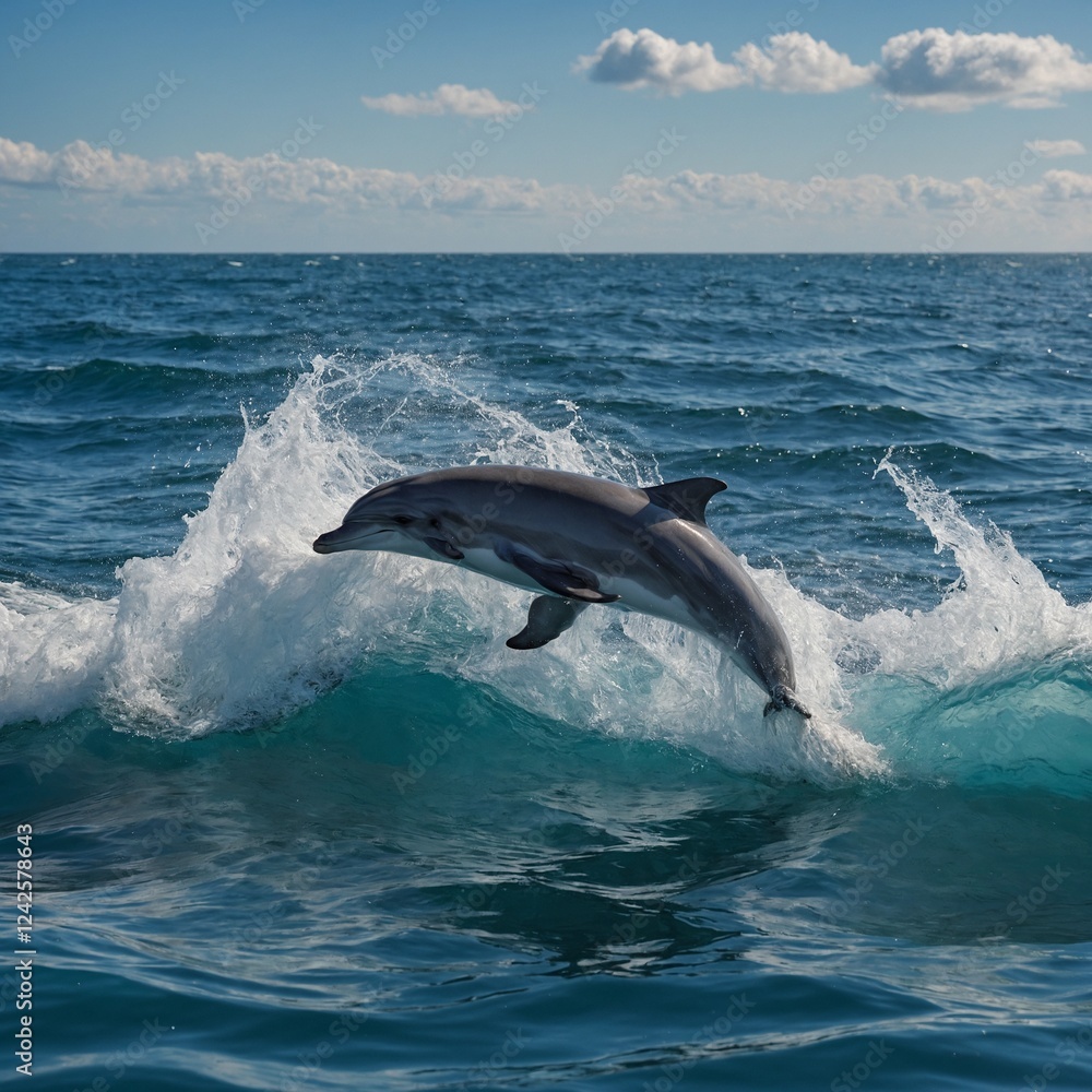 Naklejka premium Pod of Dolphins Jumping in Unison. dolphin jumping in the water. 