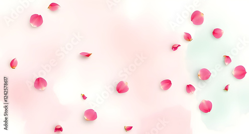 Soft pastel pink and mint green watercolor background with scattered rose petals. Romantic and delicate aesthetic