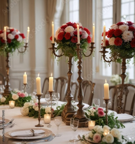 Wedding reception tablescape with candelabras and fresh flowers, candelabra, tablescape, wedding decor photo