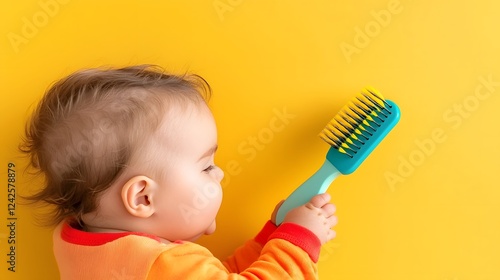 Close up of a pastel colored hairbrush with soft plush bristles being held in a baby s hand photo