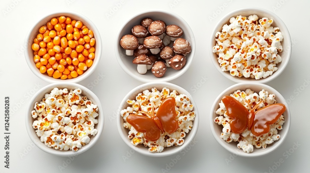 Popcorn unpopped popped and caramel coated in white bowls Butterfly shaped popcorn puffed up from heated kernels orange corn seeds and mushroom shaped popped corn with thin caramel candy shell Popcorn unpopped popped and caramel coated in white bowls Butterfly shaped popcorn puffed up from heated kernels orange corn seeds and mushroom shaped popped corn with thin caramel candy shell