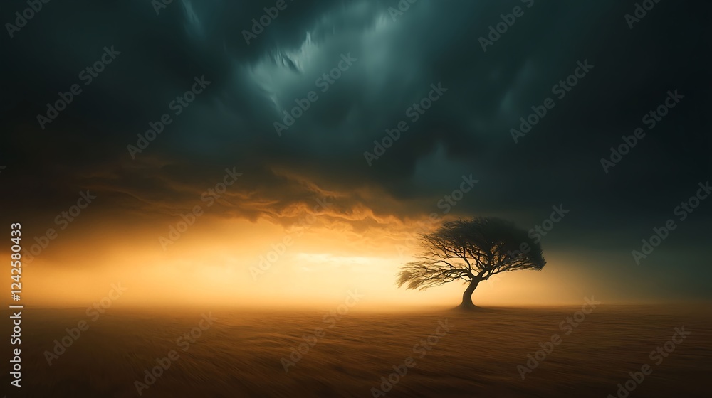 Fototapeta premium Lone Tree in Misty Field at Sunrise Under Dramatic Storm