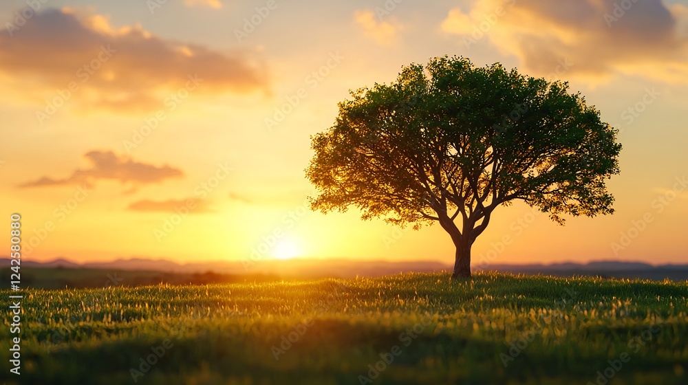 Obraz premium Lone Tree Silhouette at Sunset in a Field