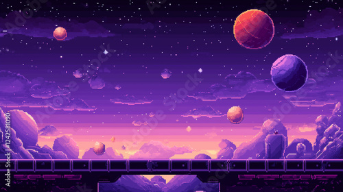 A Cosmic Pixel Art Space Nebula with floating asteroids and glowing stars, vibrant purple and blue hues, Space Pixel Art Background, space and planet pixel art, Pixel Art 80s game style background
