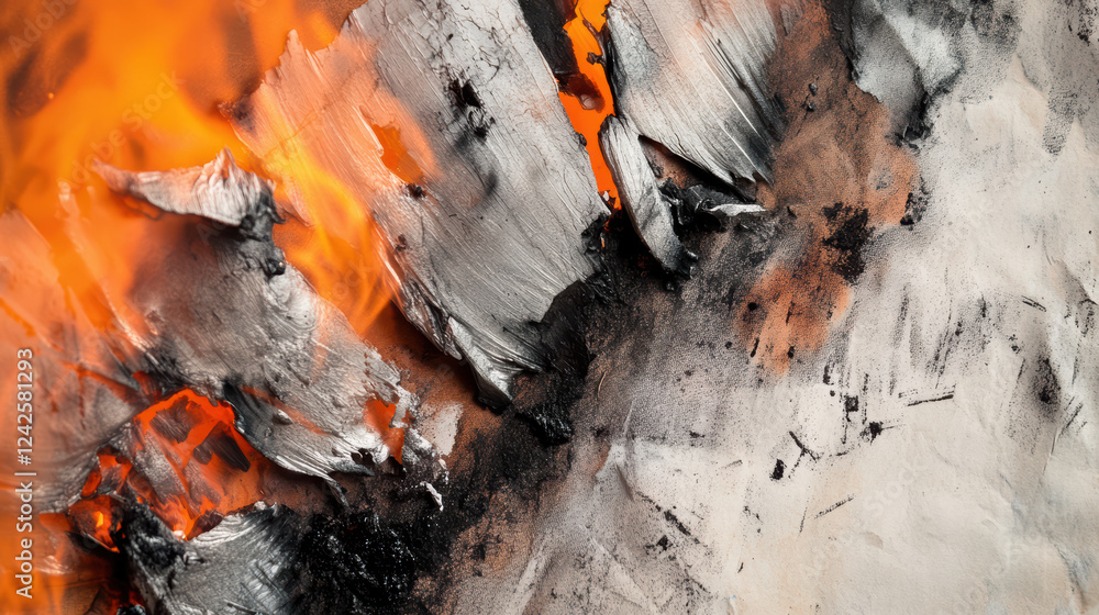 Close up of flames and ash paper, showcasing contrasting textures and colors. vibrant orange flames create striking visual against dark ash and charred paper, evoking sense of intensity and Close up of flames and ash paper, showcasing contrasting textures and colors. vibrant orange flames create striking visual against dark ash and charred paper, evoking sense of intensity and