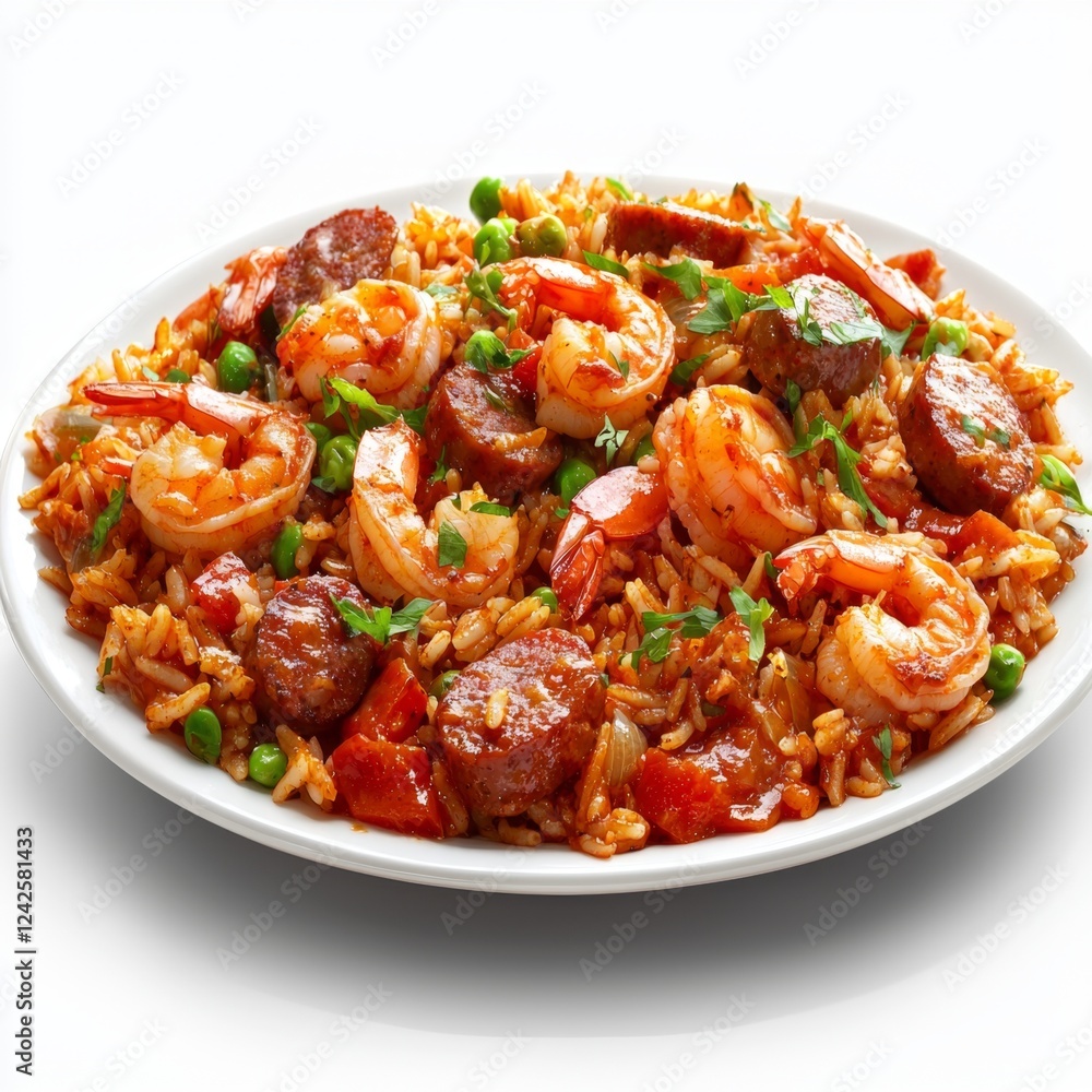 Delicious Shrimp and Sausage Rice Dish with Vibrant Vegetables in a White Plate Delicious Shrimp and Sausage Rice Dish with Vibrant Vegetables in a White Plate