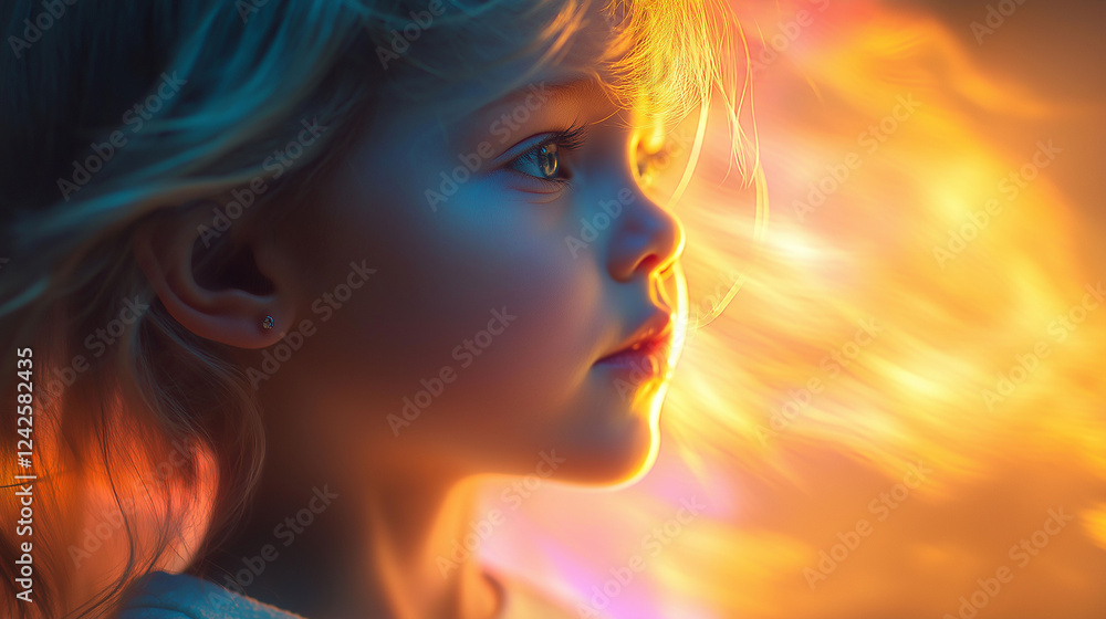 A little girl’s face melting into a wave of soft pastel colors, the transformation illuminated by a warm backlight A little girl’s face melting into a wave of soft pastel colors, the transformation illuminated by a warm backlight