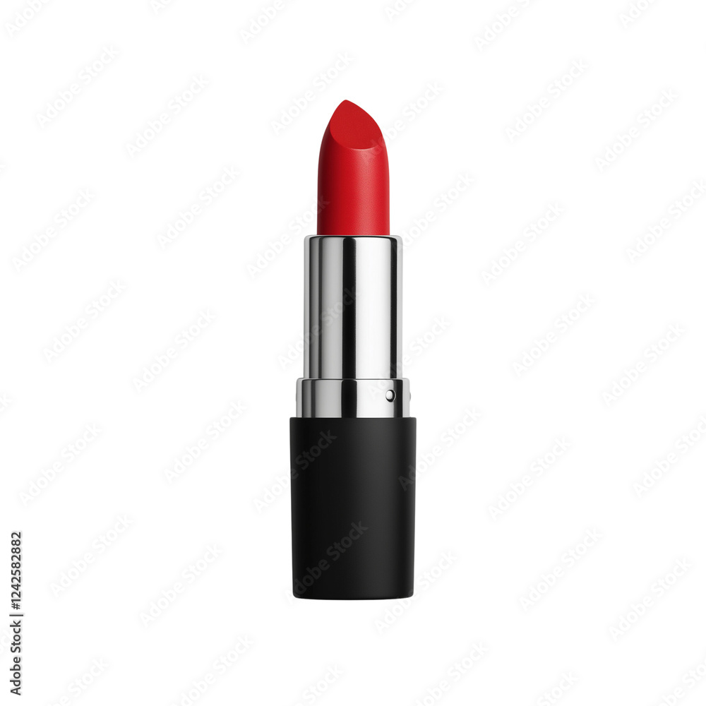A vibrant red lipstick with a sleek silver and black casing, showcasing a sharp, pointed tip. A vibrant red lipstick with a sleek silver and black casing, showcasing a sharp, pointed tip.