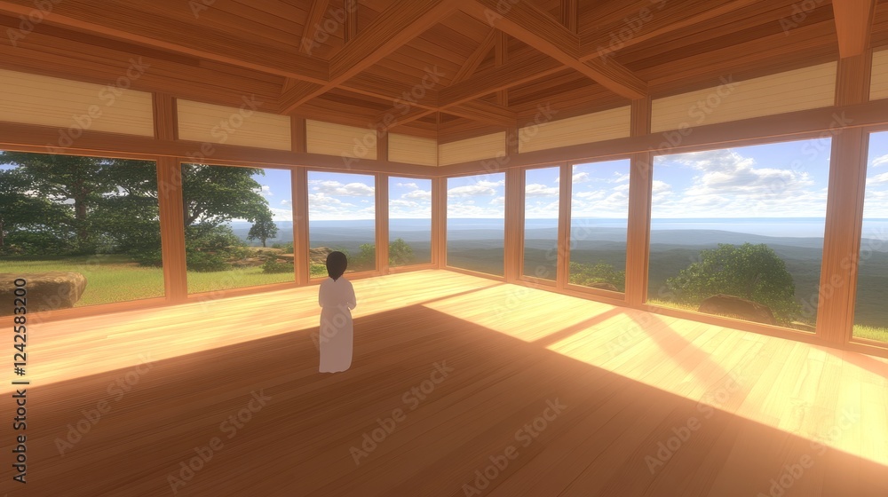 Serene Monk Contemplates Mountain View in Peaceful Wooden Room Serene Monk Contemplates Mountain View in Peaceful Wooden Room