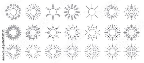 Sun outline drawing clipart set. Sun icon and symbol hand drawn in black art lines clip art graphic elements with variety of sunrays collection vector illustration. 
