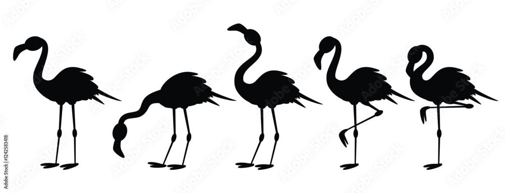 Obraz premium Flamingo silhouette clipart set. Flamingo black silhouette summer tropical bird icon clip art collection in white background.
