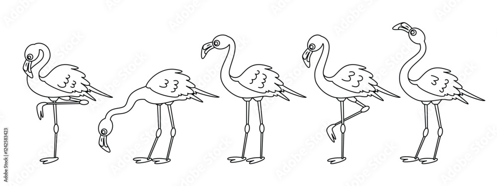Obraz premium Flamingo outline clipart set. Flamingo icon lines summer bird clip art collection in different standing drawing pose vector illustration. 
