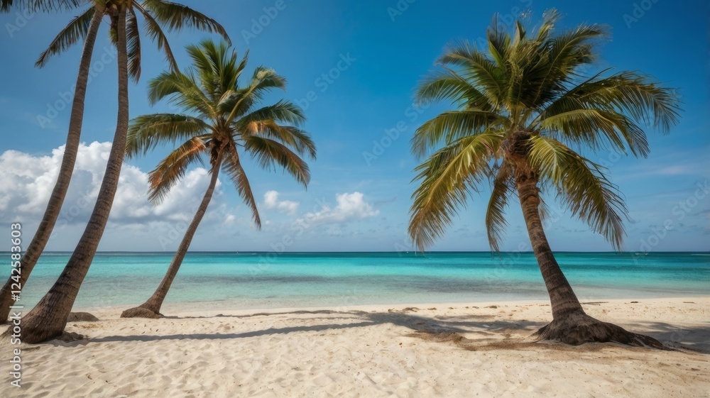 Obraz premium Serene Tropical Beachscape: Palm Trees and Azure Waters