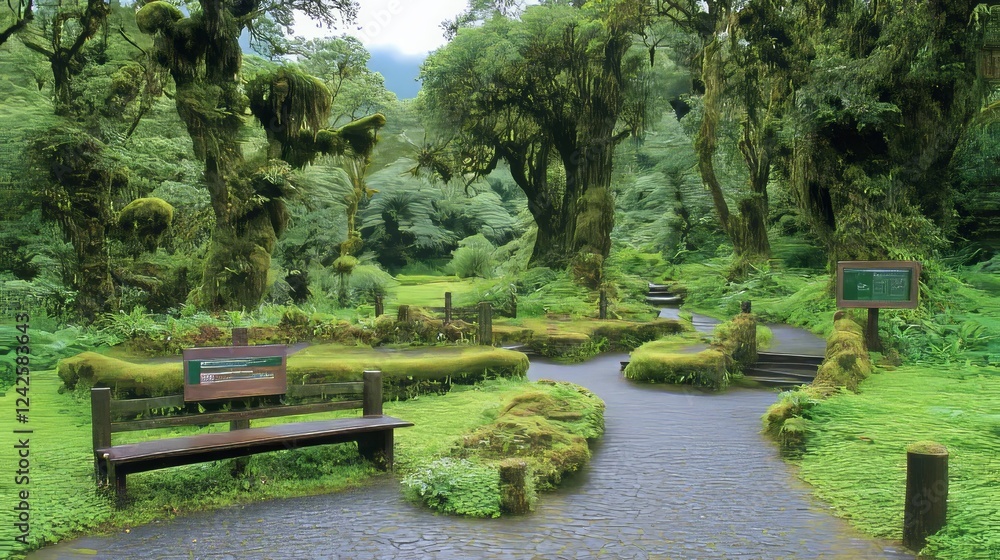 Fototapeta premium Serene Mossy Forest Path with Bench and Signage