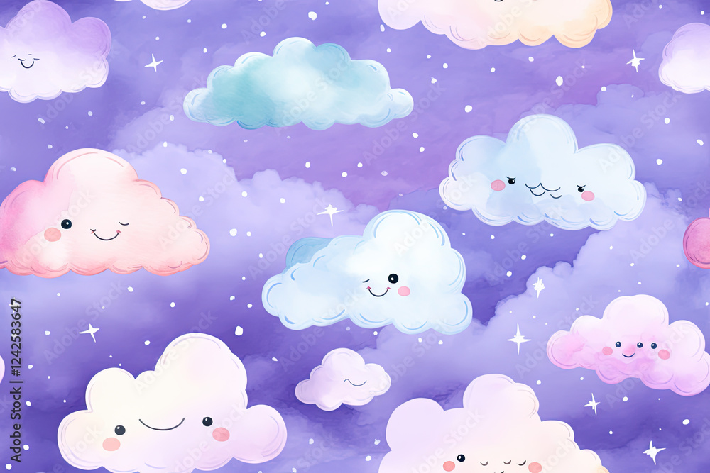 Whimsical Pastel Clouds Watercolor Seamless Pattern Whimsical Pastel Clouds Watercolor Seamless Pattern