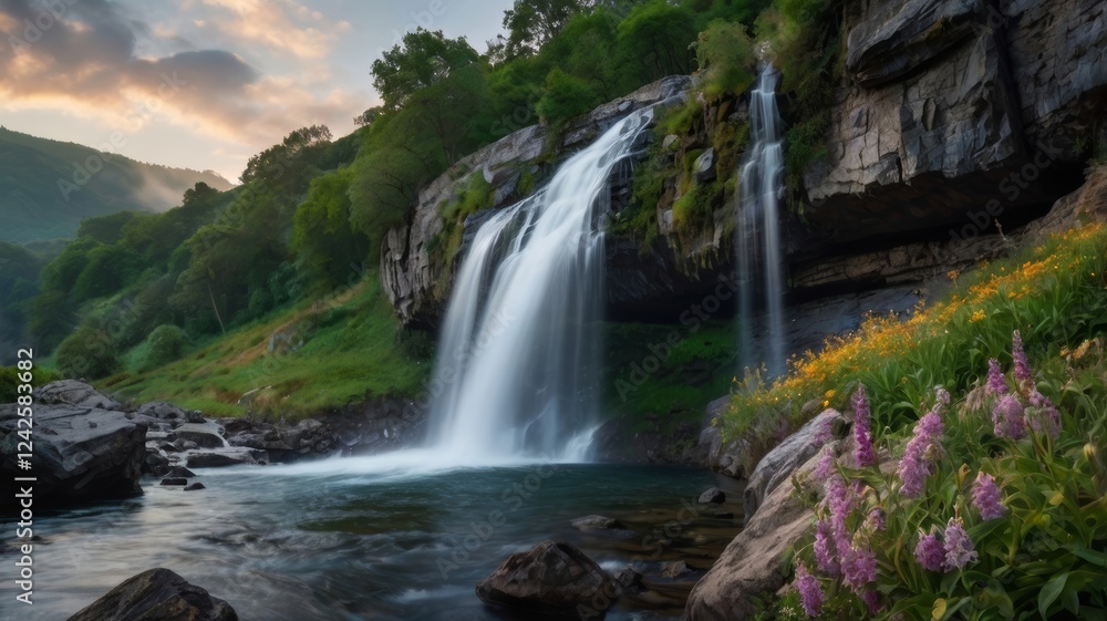Serene Waterfall Cascading at Sunrise in Lush Mountain Valley Serene Waterfall Cascading at Sunrise in Lush Mountain Valley