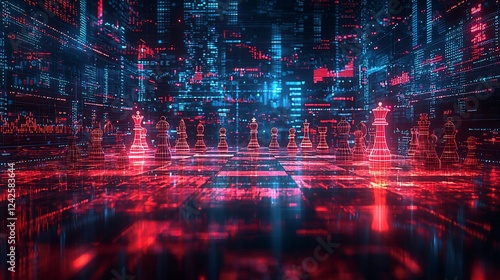 Futuristic digital chess game with glowing pieces set in a high-tech neon cityscape background