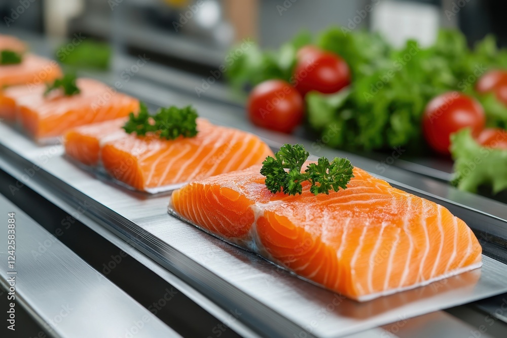 Fresh salmon fillets on conveyor belt, garnished with parsley, ready for processing. Fresh salmon fillets on conveyor belt, garnished with parsley, ready for processing.