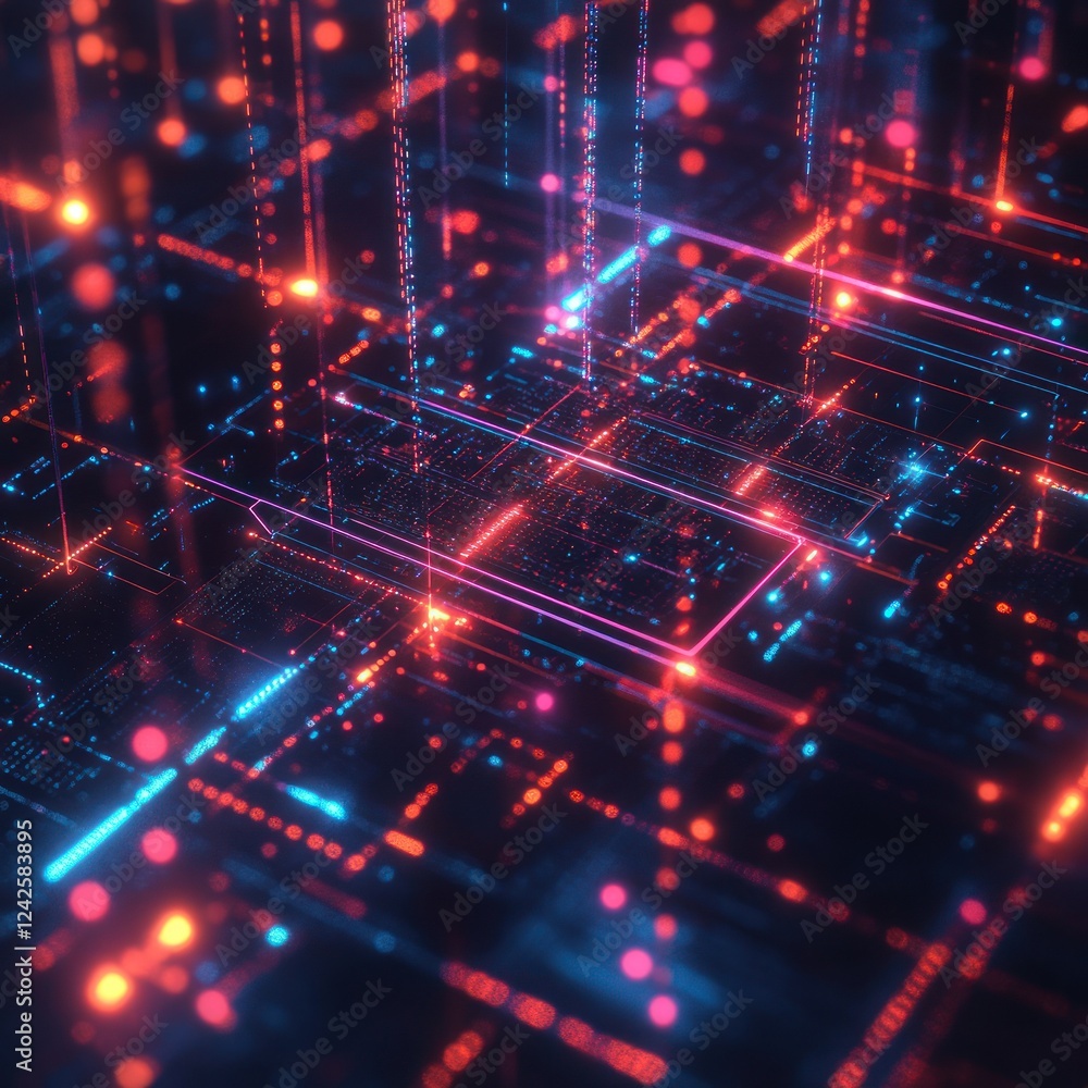 Futuristic circuitry grid glowing with red and blue light, abstract background for tech or scientific use Futuristic circuitry grid glowing with red and blue light, abstract background for tech or scientific use