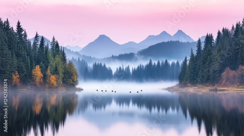 Serene Mountain Lake at Dawn with Mist and Birds