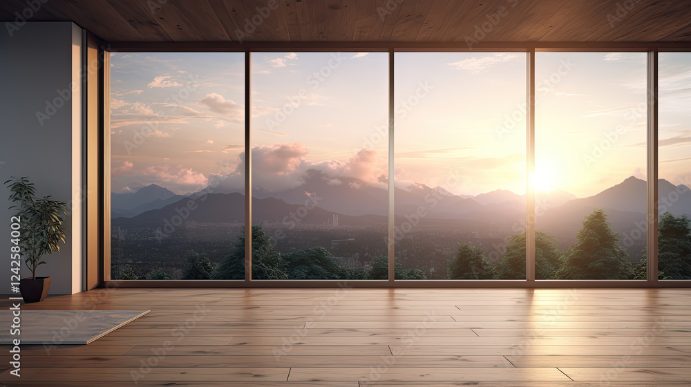 Naklejka premium Serene Sunset Mountain View from Modern Room with Large Window