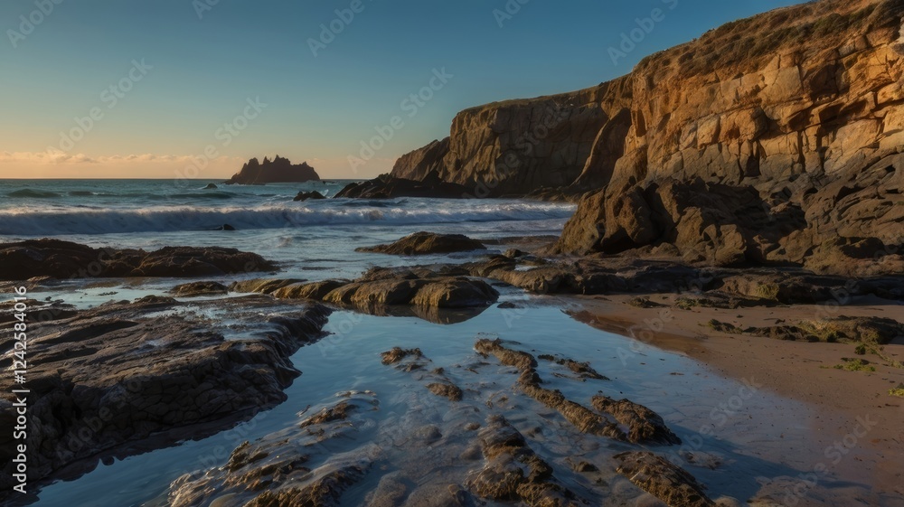 Coastal Sunset: Rugged Cliffs and Ocean Waves at Golden Hour Coastal Sunset: Rugged Cliffs and Ocean Waves at Golden Hour