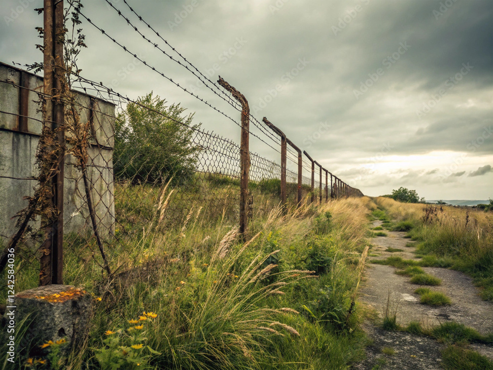 A close-up of a long barbed wire fence used to mark a boundary. A close-up of a long barbed wire fence used to mark a boundary.
