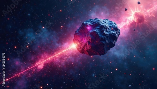 Iridescent asteroid with swirling rainbow halogen trails, asteroids, space