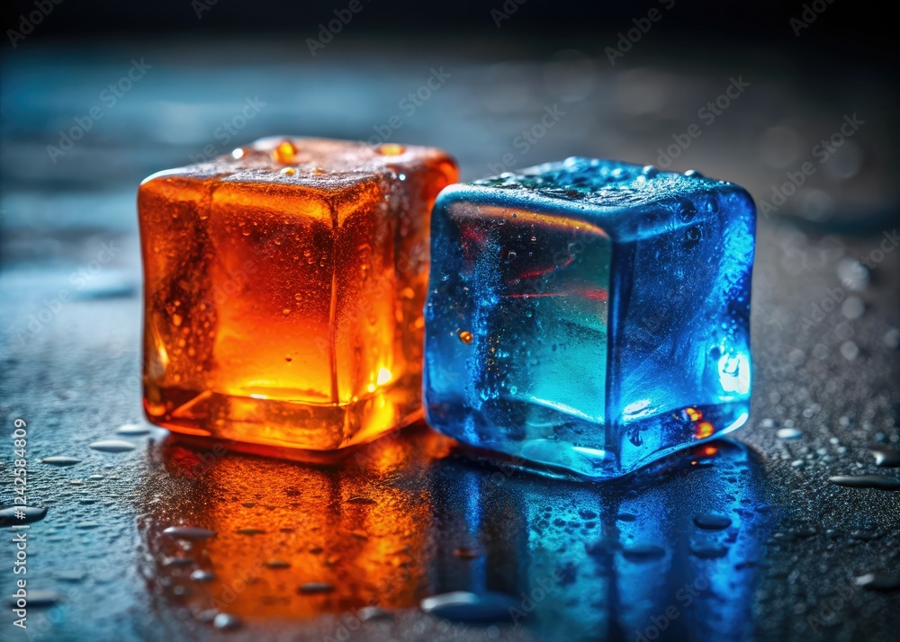 Close-up of vibrant orange and blue ice cubes, glowing under low light, a colorful frozen spectacle. Close-up of vibrant orange and blue ice cubes, glowing under low light, a colorful frozen spectacle.