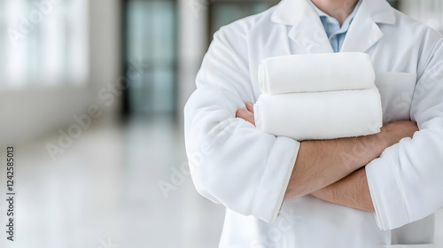 Doctor holding clean towels in clinic