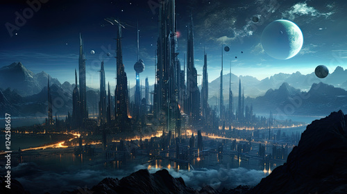 Futuristic City on Alien Planet at Night