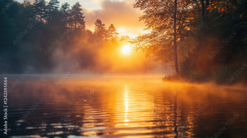 Misty lake with golden sunrise and forest reflection calm peaceful water morning scenery tranquil nature photography scenic serenity Misty lake with golden sunrise and forest reflection calm peaceful water morning scenery tranquil nature photography scenic serenity