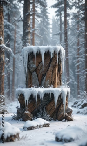 Winter wonderland podium surrounded by snowy forest and icicles, podium, winter