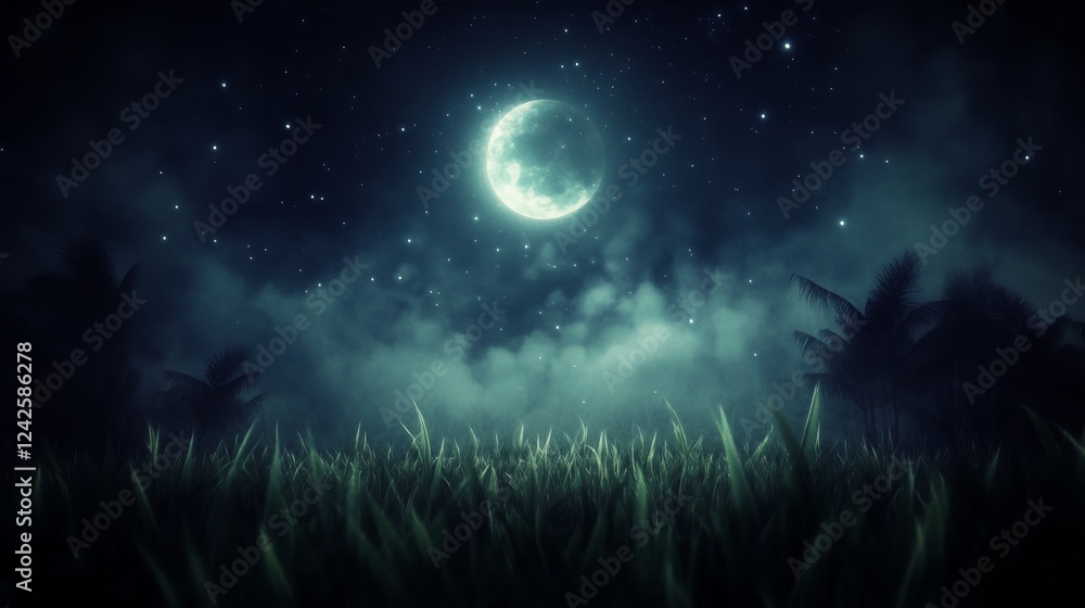 Fototapeta premium Serene Night Scene Full Moon Over Grassland and Palms