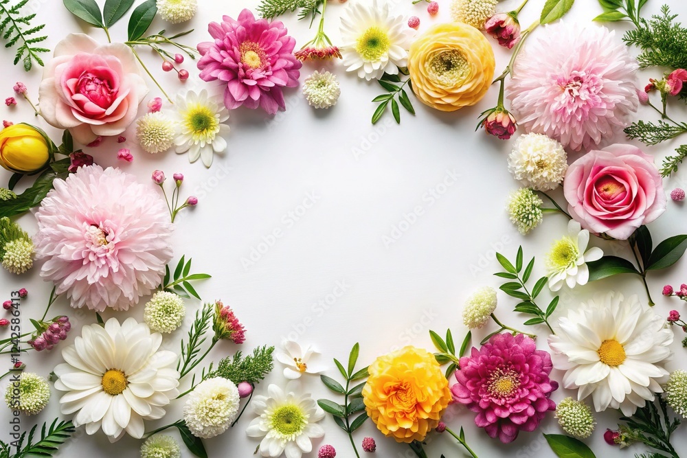 Fototapeta premium Festive Floral Flat Lay: Overhead View of Colorful Flowers on White Background