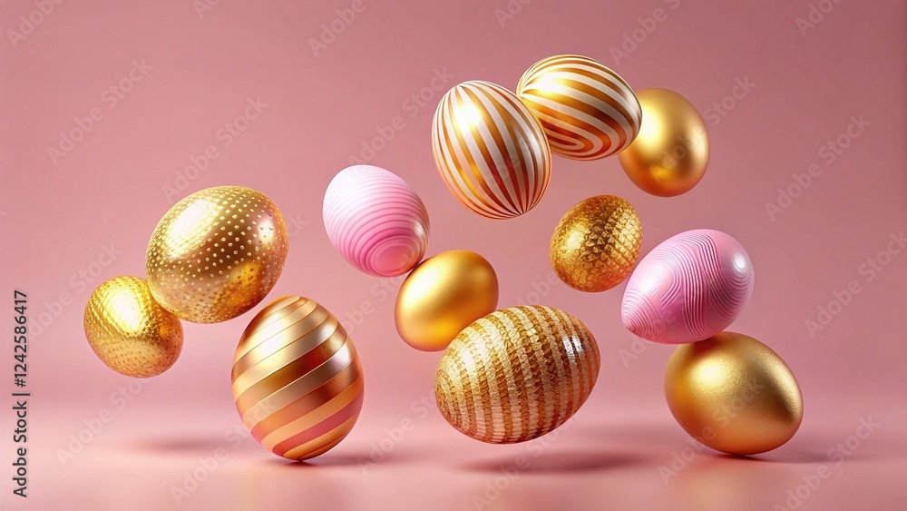 Fototapeta premium Flying Golden & Pink Easter Eggs: Minimalist Pink Background Easter Concept