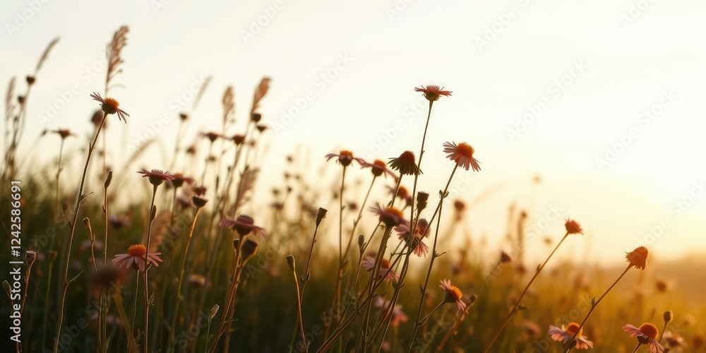 Obraz premium Wildflowers swaying gently in the breeze at dawn, soft focus, morning light, dewy grass