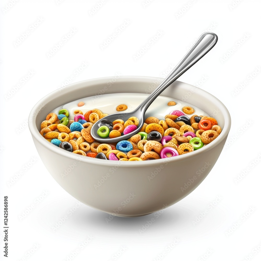 Colorful Breakfast Cereal Bowl with Milk and Spoon, Fun and Vibrant Morning Meal Colorful Breakfast Cereal Bowl with Milk and Spoon, Fun and Vibrant Morning Meal
