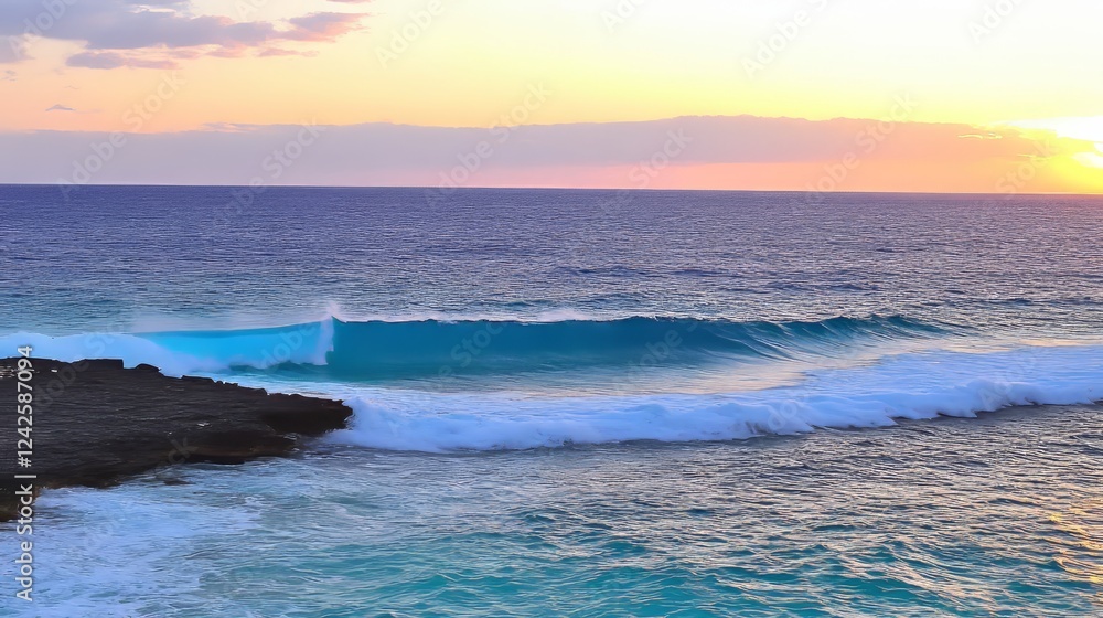Serene Ocean Sunset with Breaking Wave at Rocky Shore Serene Ocean Sunset with Breaking Wave at Rocky Shore