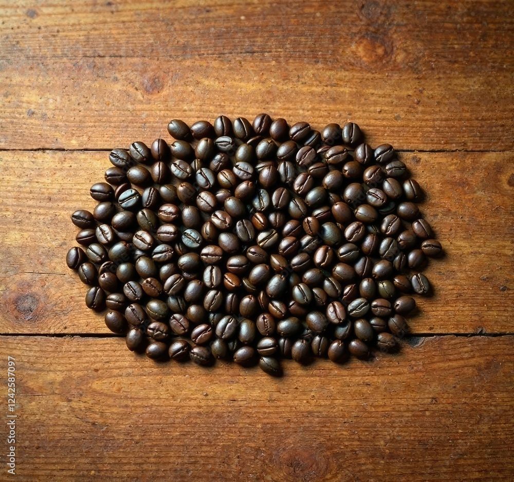 Whole coffee beans arranged in a symmetrical pattern on a wooden background , wood, brown Whole coffee beans arranged in a symmetrical pattern on a wooden background , wood, brown